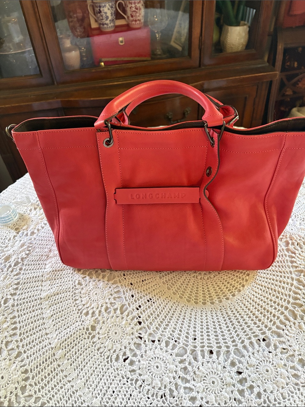 Longchamp Coral-Pink Leather Tote with Top Handles